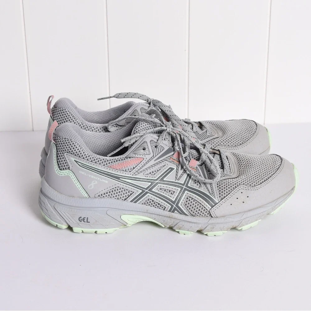 ASICS Women's‎ GEL VENTURE 8 running shoes; gray, green, and pink; size 8.5 WIDE